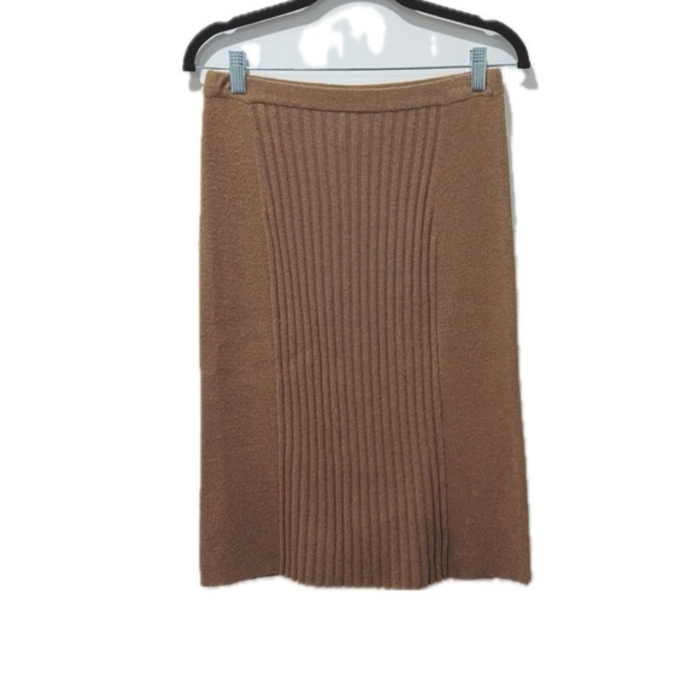 Vintage Via Seta Silk and Cashmere Blend Ribbed MIDI Skirt in Camel